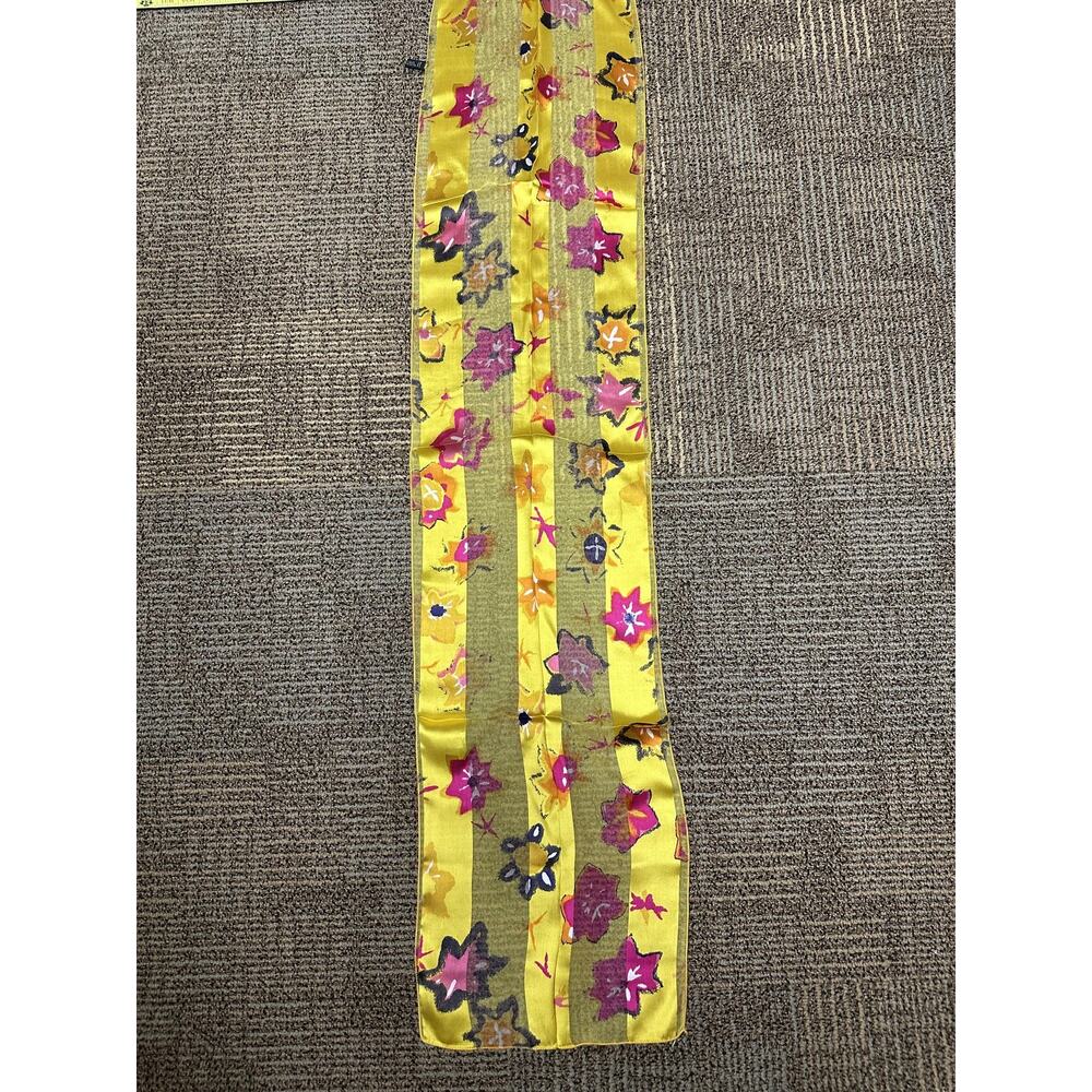 Yellow Silk Floral Rectangle Scarf Womens Made in France 9x47in Lightweight